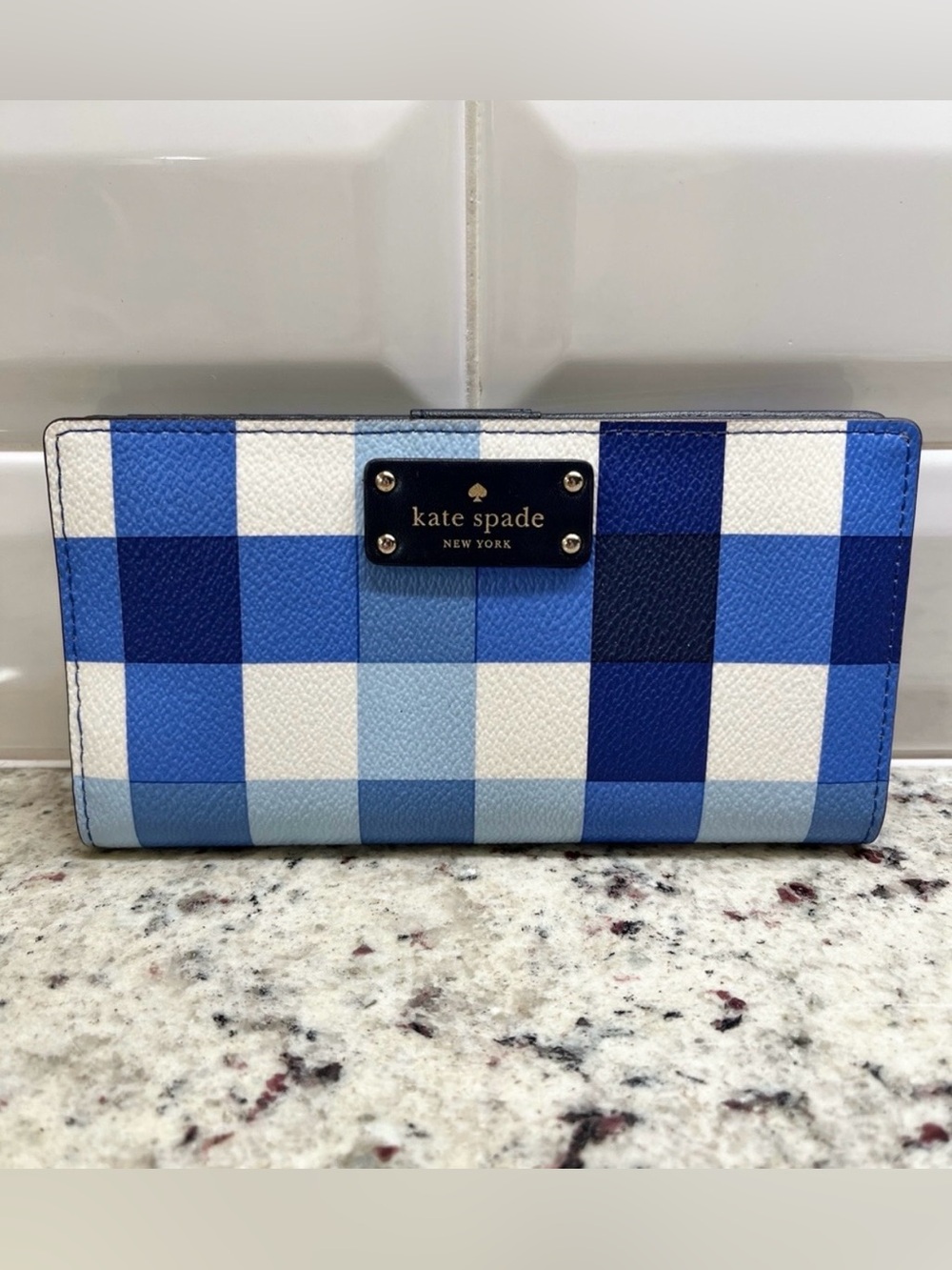 Kate Spade New York Grove Street Printed Bifold Wallet “Pacific Gingham” pattern